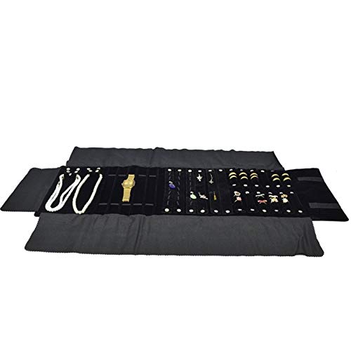 Black Velvet Roll-up Travel Bag Jewelry Pouches Organizer Carrying Display Case