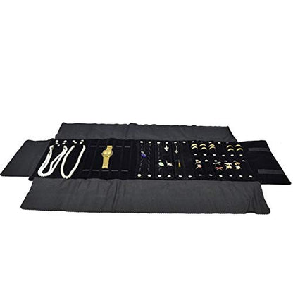 Black Velvet Roll-up Travel Bag Jewelry Pouches Organizer Carrying Display Case