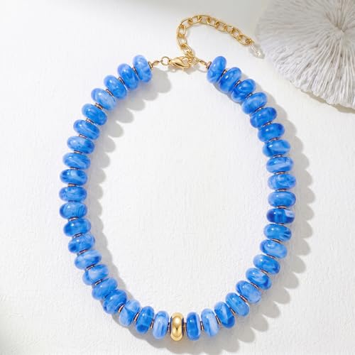 Chunky Colorful Choker Necklace for Women - Summer Beach Round Resin Beads Necklace, Trendy Statement Summer Beach Jewelry Birthday Gifts for Vacation Holiday - color: 18mm Lake Blue Bead