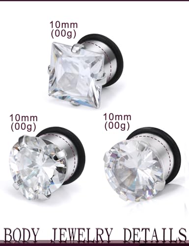 Jenxnjsjo 14g to 7/8in Ear Gauges Plugs Tunnels Taper Earrings Stretching Expander Kit Set for Women Men - color: 061: Cubic Zirconia, Clear, 3Pairs, size: 00g (10mm)