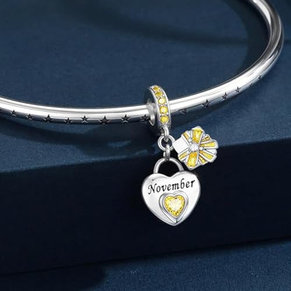 Love Heart Birthstone Dangle Charms Compatible with Pandora Bracelets | 925 Sterling Silver 5A Cubic Zirconia Mother's Day Christmas Birthday Birthstone Gifts Bead Charm Pendants Women Jewelry - color: November Dangle Birthstone Charms