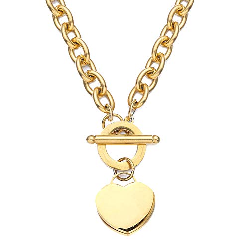 WangGao Elegent Love Stainless Steel Link Chain Blank Heart Charms Necklace for Women Toggle Clasp Closure - color: Gold, size: 15.74inches