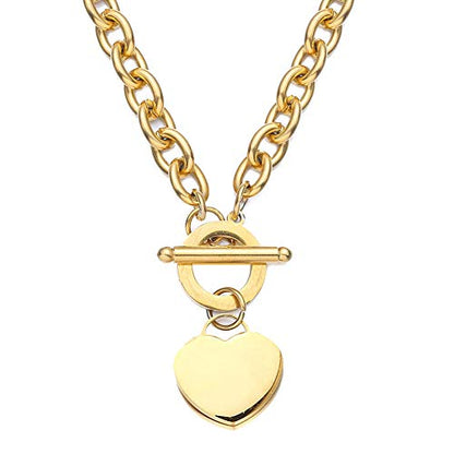 WangGao Elegent Love Stainless Steel Link Chain Blank Heart Charms Necklace for Women Toggle Clasp Closure - color: Gold, size: 15.74inches