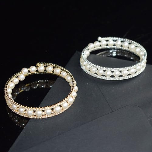 Pearl Stretch Cuff Bracelet for Women Adjustable Multilaye Rhinestone Crystal Bracelet Wedding Party Brides Bridesmaid Jewelry - color: Gold Style