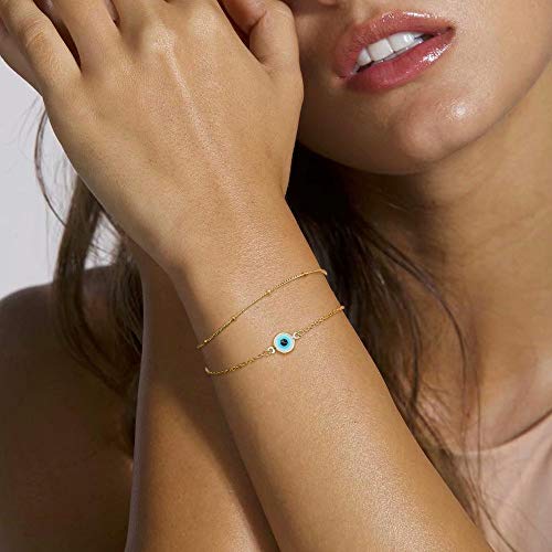Dainty Gold Bracelets for Women, 14K Gold Plated Adjustable Layered Beads Bracelet Cute Evil Eye Oval Chain Pearl Bar Turtle Gold Bracelets for Women Jewelry - style: "Evil Eye&Beads Chain