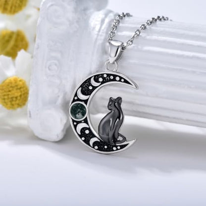 Witch Necklace 925 Sterling Silver Pentagram Triple Moon Pentacle Pendant Wiccan Pagan Jewelry Witchy Gifts for Women - style: Black Cat-1