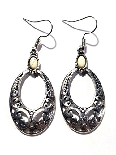 Bohemian Filigree Earrings Antique Silver Tone Oval Hoop Earrings 2 inch L