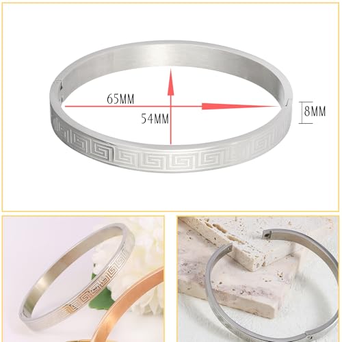 4/6/8MM Greek Key Meander Bracelet Oval Stainless Steel Bangle Cuff Gifts for Women Men - color: Silver, size: 8mm