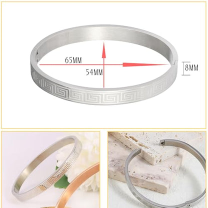 4/6/8MM Greek Key Meander Bracelet Oval Stainless Steel Bangle Cuff Gifts for Women Men - color: Silver, size: 8mm