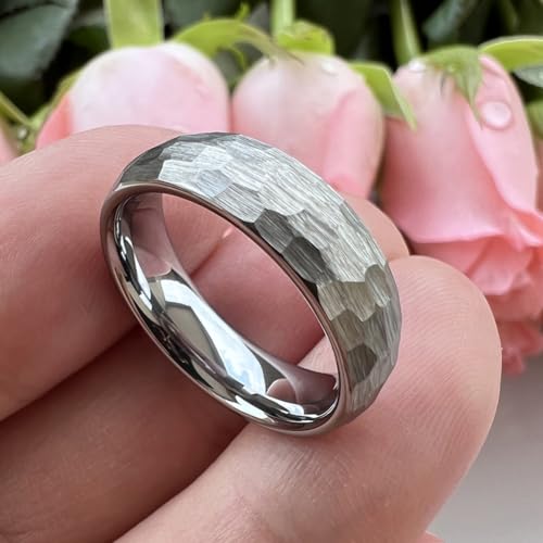 TUTISS 6mm 8mm Silver/Black/Gold/Rose Gold Hammered Tungsten Rings for Men Women Couple Fashion Jewelry Engagement Wedding Bands Domed Matte Finish Comfort Fit - color: 6mm Silver Tungsten