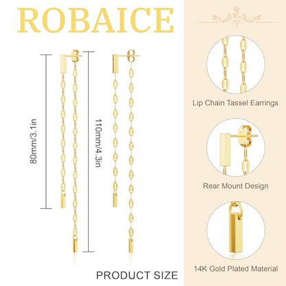 Robaice 14K Gold Plated Dangle Earrings for Women, Long Drop Earrings | Dainty Tassel Earrings Trendy, Hypoallergenic Dangling Lip Block Snake Chain, Threader Earrings for Women, Jewelry Gifts - color: Gold 4