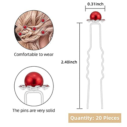 QIUTIMIY 20 Pack (Red) Pearl Crystal Hair Pins Flower Rhinestone Hair Clips for Bridal Wedding Women Hair Jewelry Accessories, with Clear Container - color: Pearl Flower-Red