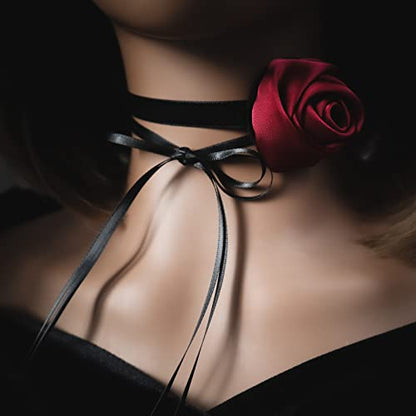 Black Choker Camellia Flower Lace-up Necklace For Women - color: Black ribbon rose