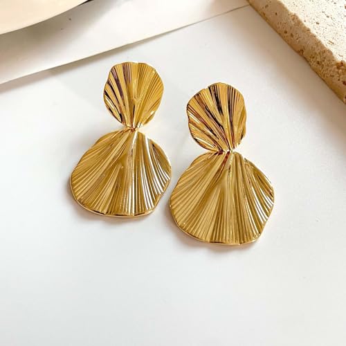 Large Geometric Drop Dangle Earrings for Women Pearl Teardrop Disc Rectangle Oval Fishtail Shell Shaped Textured Dangle Studs Earrings for Women - color: Gold-Shell A