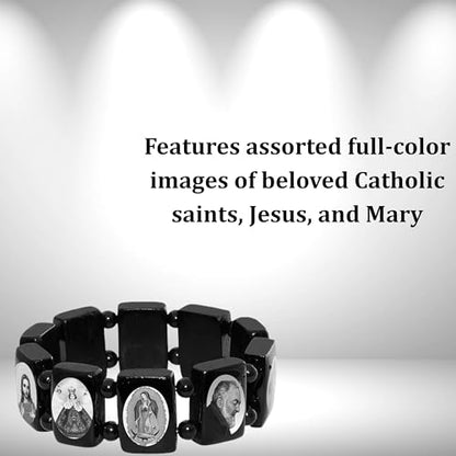 Catholica Shop Devotional Catholic Religious Wood Stretch Bracelets. Small and Large Panels with Assorted Images of Saints, Jesus and Mary. Unisex. Handcrafted in Brazil - style: B&W L Panel