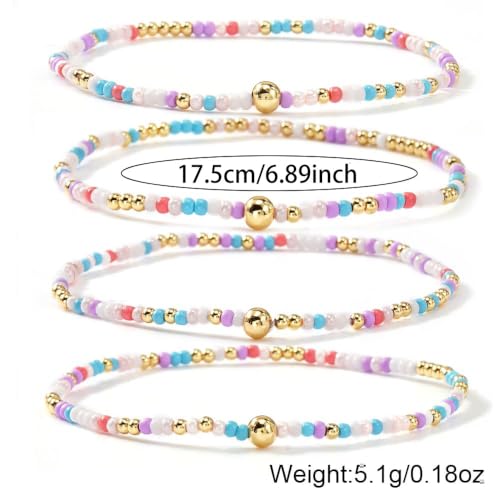 Seed Beaded Stack Bracelets Set for Women,Small Boho 4Pcs Colorful Handmade Dainty Trendy Gold Stretch Accessories Jewelry, Summer Daily Party Friendship Gift - color: Purple White
