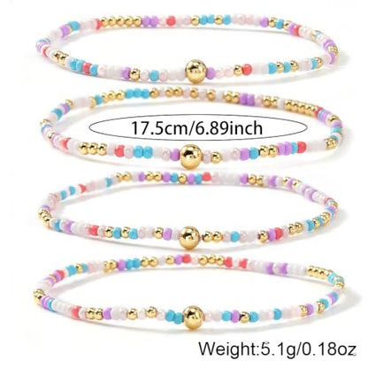 Seed Beaded Stack Bracelets Set for Women,Small Boho 4Pcs Colorful Handmade Dainty Trendy Gold Stretch Accessories Jewelry, Summer Daily Party Friendship Gift - color: Purple White