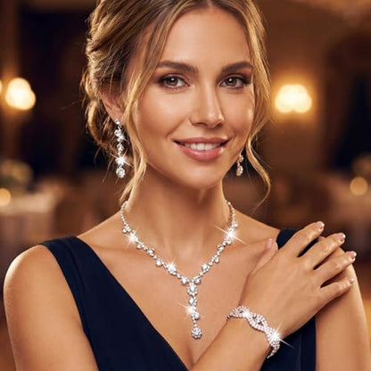 Silver Wedding Jewelry Sets Rhinestone Necklace Earrings Bracelet Set Prom Formal Costume Jewelry for Women and Brides - color: Silver