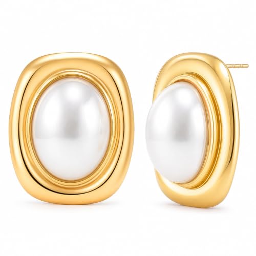 Chunky Gold Stud Earrings for Women 18K Gold Plated Hypoallergenic Chunky Statement Earrings Big Natural Crystal Stone Earring Gift for Women - color: Pearl
