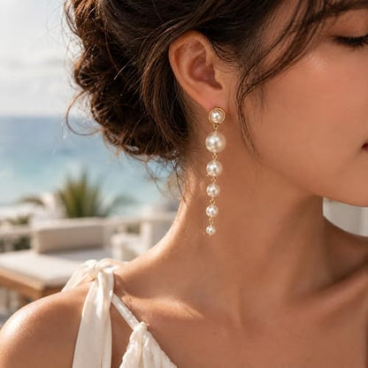 Graduated Pearl Drop Earrings for Women, Elegant Long Linear Tassel Dangle Earrings for Wedding Guest or Bride, Hypoallergenic Formal Party Jewelry