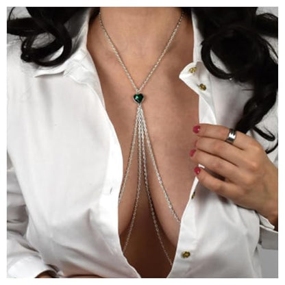Crystal Heart Non Piercing Nipple Chain Layered Tassel Chest Chain Jewelry Festival Nipple Accessory Jewelry for Women - color: Green
