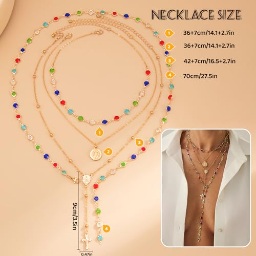 Layered Cross Necklace Set for Women, Layered Choker Necklaces Trendy Jewelry, Colorful Enamel Beaded Y-Shaped Lariat Necklace, Boho Multilayer Cross Necklace for Party and Daily Wear - color: Gold-14