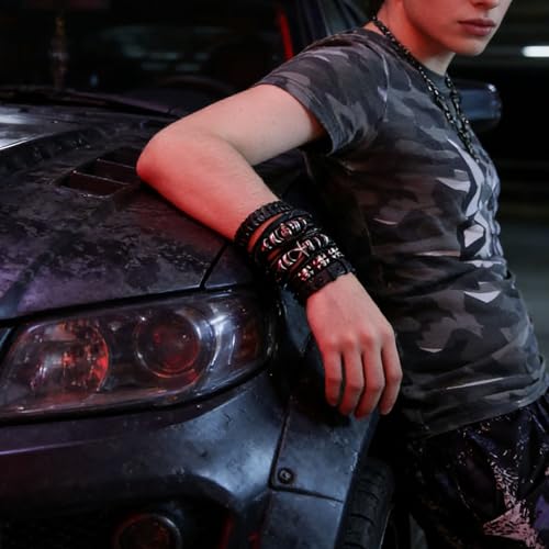 6Pcs Men Braided Leather Bracelet Black Punk Rock Skull Bracelet - color: A: Black