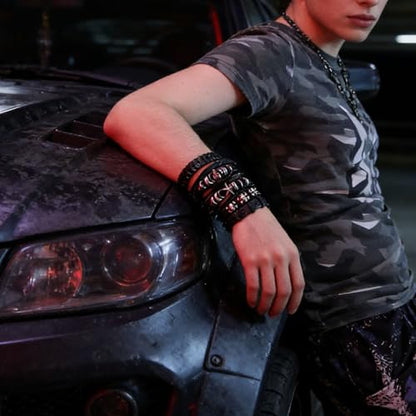 6Pcs Men Braided Leather Bracelet Black Punk Rock Skull Bracelet - color: A: Black