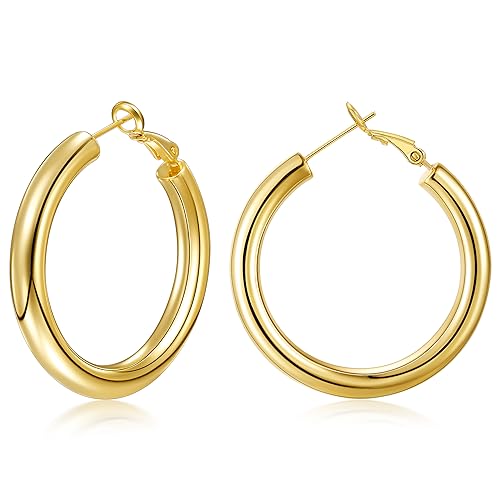 sovesi Chunky Hoop Earrings for Women, 14K Gold Plated Thick Hoops | 5mm Thick Hollow Tube Chunky Lightweight Hypoallergenic Hoop Earrings for Women - style: Gold 40MM