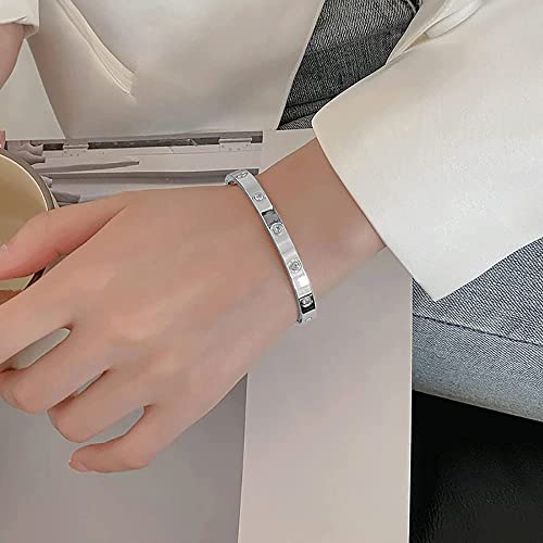 VQYSKO Love Friendship Bracelet Bangle Gold Rose Gold Silver with Cubic Zirconia Stones Stainless Steel Hinged Jewelry with Crystal Oval Bracelet Birthday Present for Her Women Teen Girls - style: 7 Inch-Oval-Silver