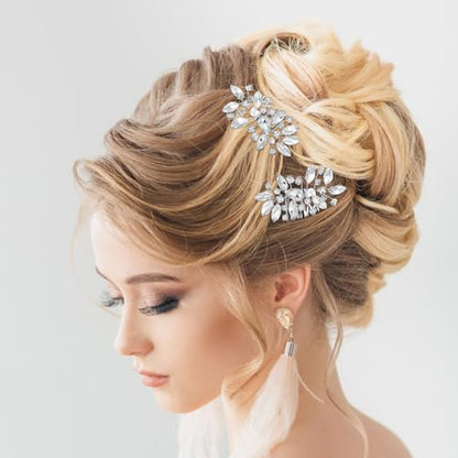 2 Pcs Crystal Bride Wedding Hair Comb, Silver Rhinestone Silver Bridal Side Comb Bridal Hairpieces Bridesmaid Clips Accessories, Silve-Bridal-Headpiece Wedding Hair Piece for Women and Girls