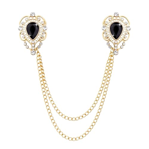 Teardrop Rhinestone Brooch Mens Lapel Pins for Shirt Collar Hanging Chain Brooch Suit Pin Crystal Rhinestone Lapel Pins for Men - color: Black