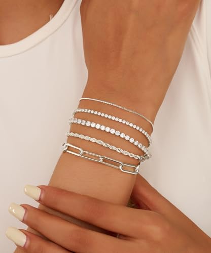 Gold Bracelets for Women 14K Gold Plated Stack Trend Bracelets Charm Paperclip Chain Cuban Link Layered Waterproof Bracelet Dainty Bracelet for Women Jewelry Gifts - color: Silver 5Pcs