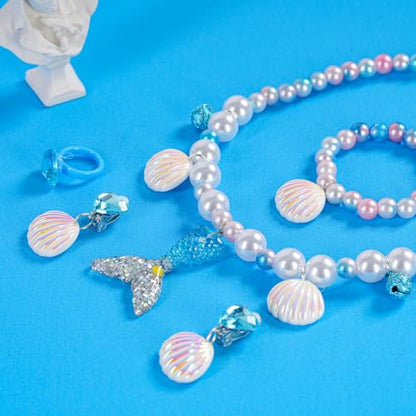 Mermaid Necklace Bracelet Set Mermaid Jewelry Kit Included Shell Necklace Bracelet Ring Earrings Accessories - color: Purple+blue