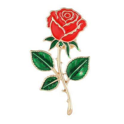 Red Rose Flower Brooch Pin for Women Girls Men Red Green Enamel 14k Gold Plated Cute Floral Lapel Pins Dress Accessories Boutonniere Corsage for Hat Bag Suit Tie Jewelry for Wedding Anniversary