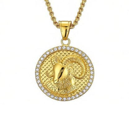 HIJONES Men's Women's Stainless Steel Zodiac Coin Embossed Necklace CZ Astrology Horoscope Pendant Necklace - color: Gold Aries