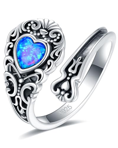 S925-Sterling-Silver Abalone Dragonfly-Turquoise Spoon Ring - Vintage Boho Sunflower Thumb Oxidized Wrap Rings Victorian Style Antique Floral Jewelry Gifts for Women - color: Opal Heart Spoon Ring