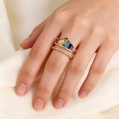 MALOYANVE Rhinestone Crown Open Ring for Women, Colorful Crystal Cubic Zirconia, Rainbow, Adjustable, Elegant Princess Queen Statement Promise Wedding Jewelry - color: Rose Gold