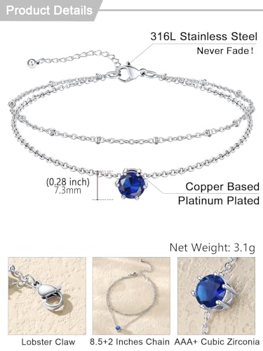 U7 Silver Ankle Bracelet for Women, Waterproof Layered Ankle Round Gem Birthstone Anklets, Summer Beach Foot Jewelry, Adjustable 8.5"-10.5" - color: 09.September-Sapphire Blue