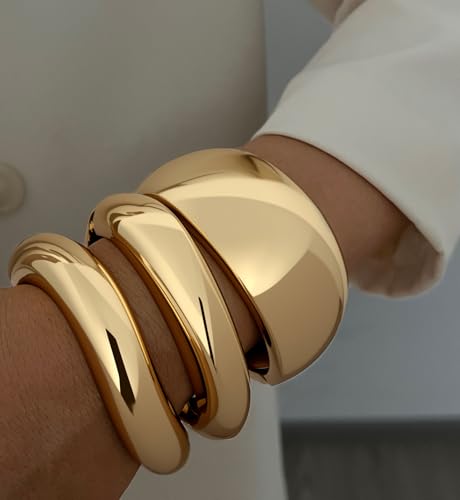 Chunky Gold Bangle Bracelets for Women, 14k Gold Plated Dainty Cuff Stackable Bangles Set, Trendy Bracelet Stack Fashion Jewelry Gifts - color: 02-GOLD