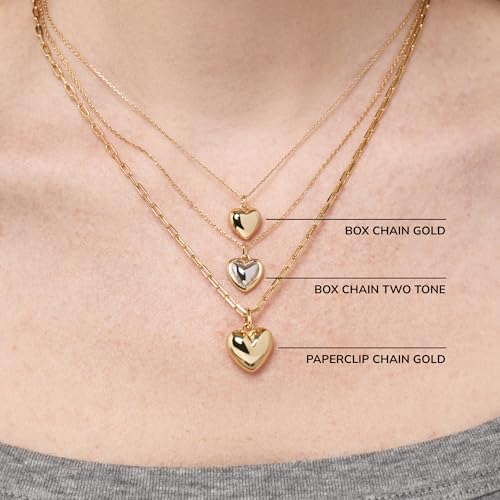 Ana Luisa Lev Puffy Heart Necklace for Women - Paperclip Chain w/ 14K Gold Plated & Silver Rhodium Plated Small Puffed Heart Pendant - Hypoallergenic, Water-Resistant, Tarnish-Free Jewelry - style: Paperclip Chain - Gold