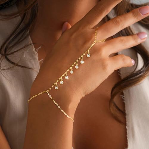 MFRYK Gold/Silver Bracelets For Women,Trendy 14k Gold/Silver Plated lightweight Dainty Chunky Thin Cuban Link Paperclip Chain Tennis Bangle Bracelets Stack Set,Ring Hand Chain Bracelet,Gold Jewelry Gift For Women Fashion Accessories - style: 7CZ hand chai