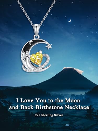 I Love You to the Moon and Back Necklace 925 Sterling Silver Black Crescent Moon Star Pendant with Heart Birthstone Necklace Anniversary Gothic Jewelry Gifts for Women Wife Lovers - color: 11-Nov-Citrine