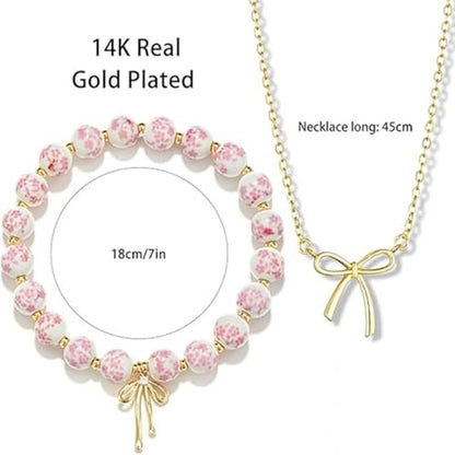 3PCS Bow Beaded Jewelry Set for Women Vintage Handmade Flower Blue And White Porcelain Enamel Ribbon Necklace Bracelet and Earrings Bow Christmas Birthday Holiday Charm Romantic Jewelry Gifts - style: Style B