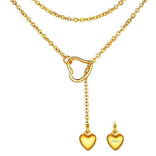 FOCALOOK Heart Lariat Necklaces for Women, Long Slip Chain Necklace | Hypoallergenic 316L Stainless Steel Silver/Black/Gold Plated, Front Slider Closure, Non Tarnish, Layered look, Everyday Wear - color: 06:Gold Heart-Custom