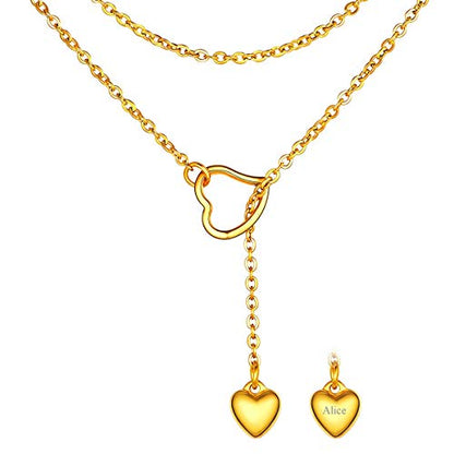 FOCALOOK Heart Lariat Necklaces for Women, Long Slip Chain Necklace | Hypoallergenic 316L Stainless Steel Silver/Black/Gold Plated, Front Slider Closure, Non Tarnish, Layered look, Everyday Wear - color: 06:Gold Heart-Custom