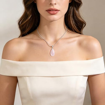Natural Stone Teardrop Pendant Necklace, Birthstone Water Drop Gemstone Necklace with Stainless Steel Chain for Women - color: Rose Quartz