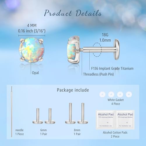 limerencia G23 Hypoallergenic 18g Flat Back Stud Earrings | F136 Implant Grade Titanium Pressfit Threadless Push Pop in Cartilage Helix Labret Lip Monroe Tragus Flat Back Piercing Studs - color: 4mm White Opal Silver