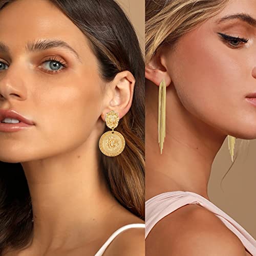Gold Metal Clip On Earrings for Women Non Pierced Dangle Drop Earrings Multiple Styles - color: gold tassel + lion