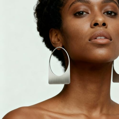 Large Earrings for Women Statement, Chunky Hoop 14k Gold Plated Big Geometric Hollow Brushed Metal Drop Dangle Studs Stainless Steel Jewelry for Womens Gift Christmas - color: Silver